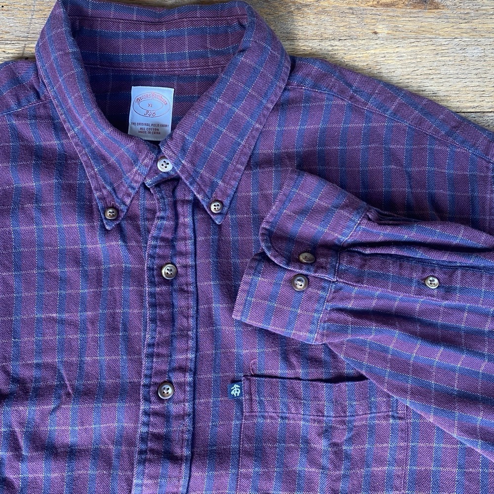 Brooks Brothers 346 Flannel Mens XL Plaid Maroon Long Sleeve Button‎ Down Shirt